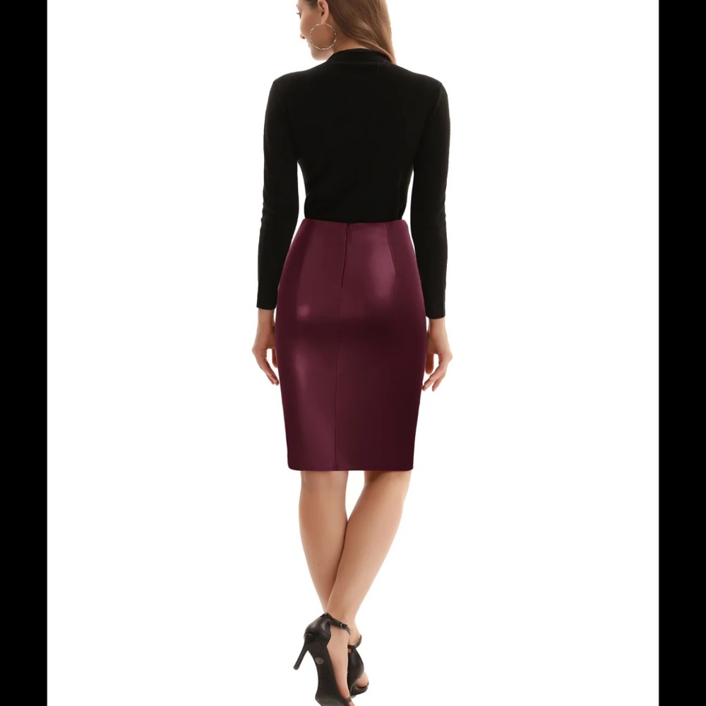 NWOT Women’s Faux Leather Knee Length Knot Front Wrapped Pencil Skirt - Picture 2 of 5